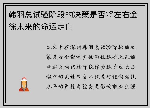 韩羽总试验阶段的决策是否将左右金徐未来的命运走向