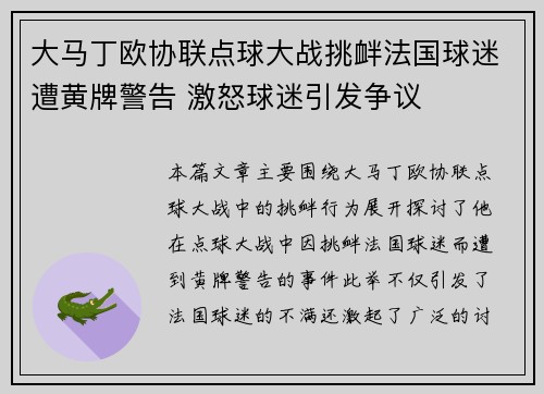大马丁欧协联点球大战挑衅法国球迷遭黄牌警告 激怒球迷引发争议